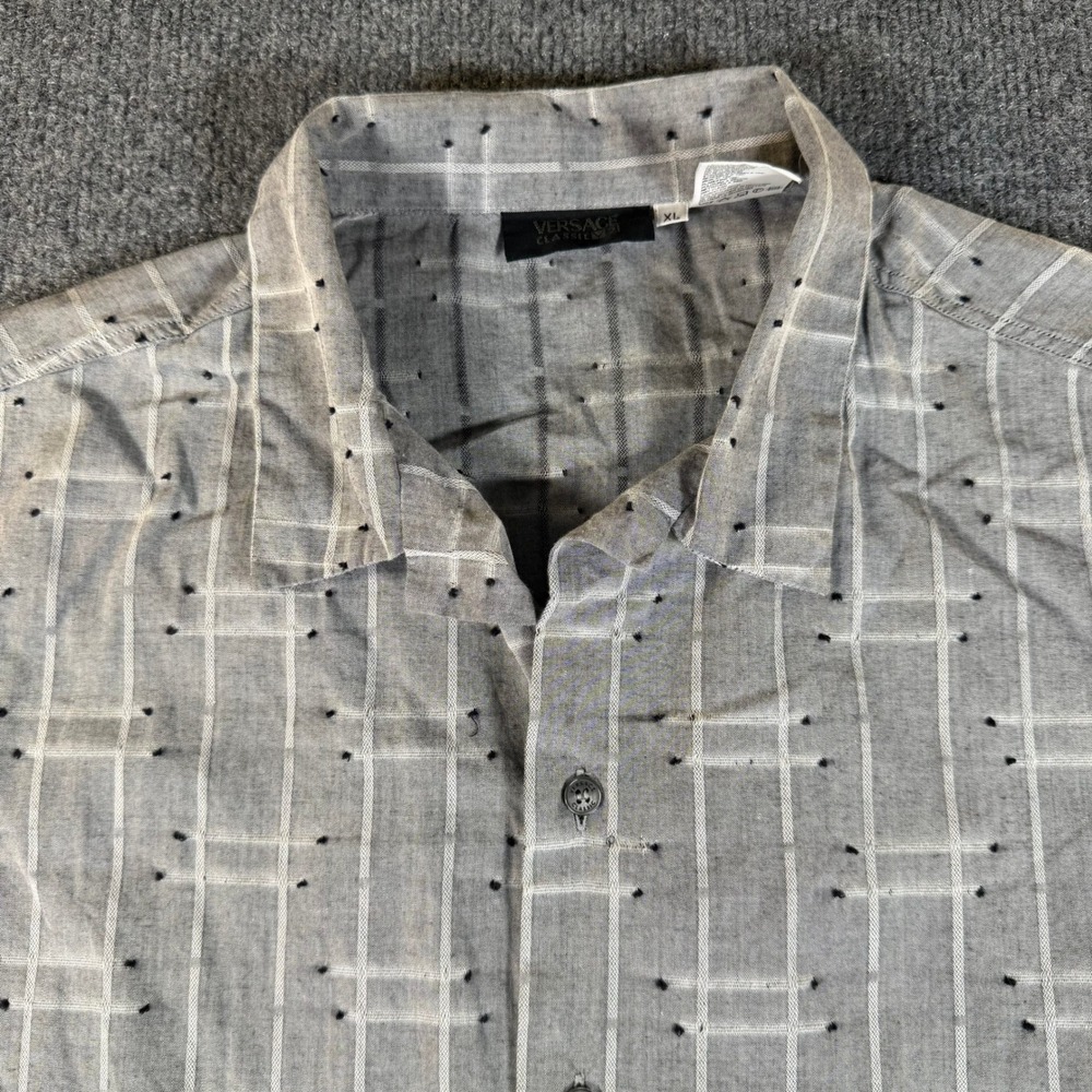 Versace Classic V2 Mens XL Grey Grid Cotton Short Sleeve Button Shirt 3838